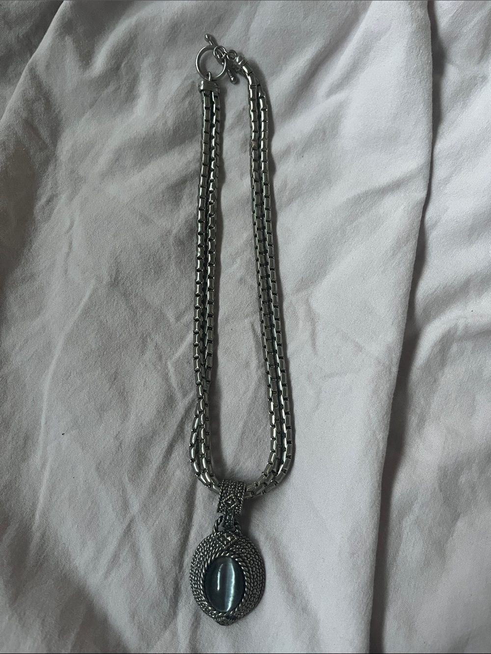 Gothic Silver-tone Double Chain Pendant Necklace with Dark Gray Oval Stone